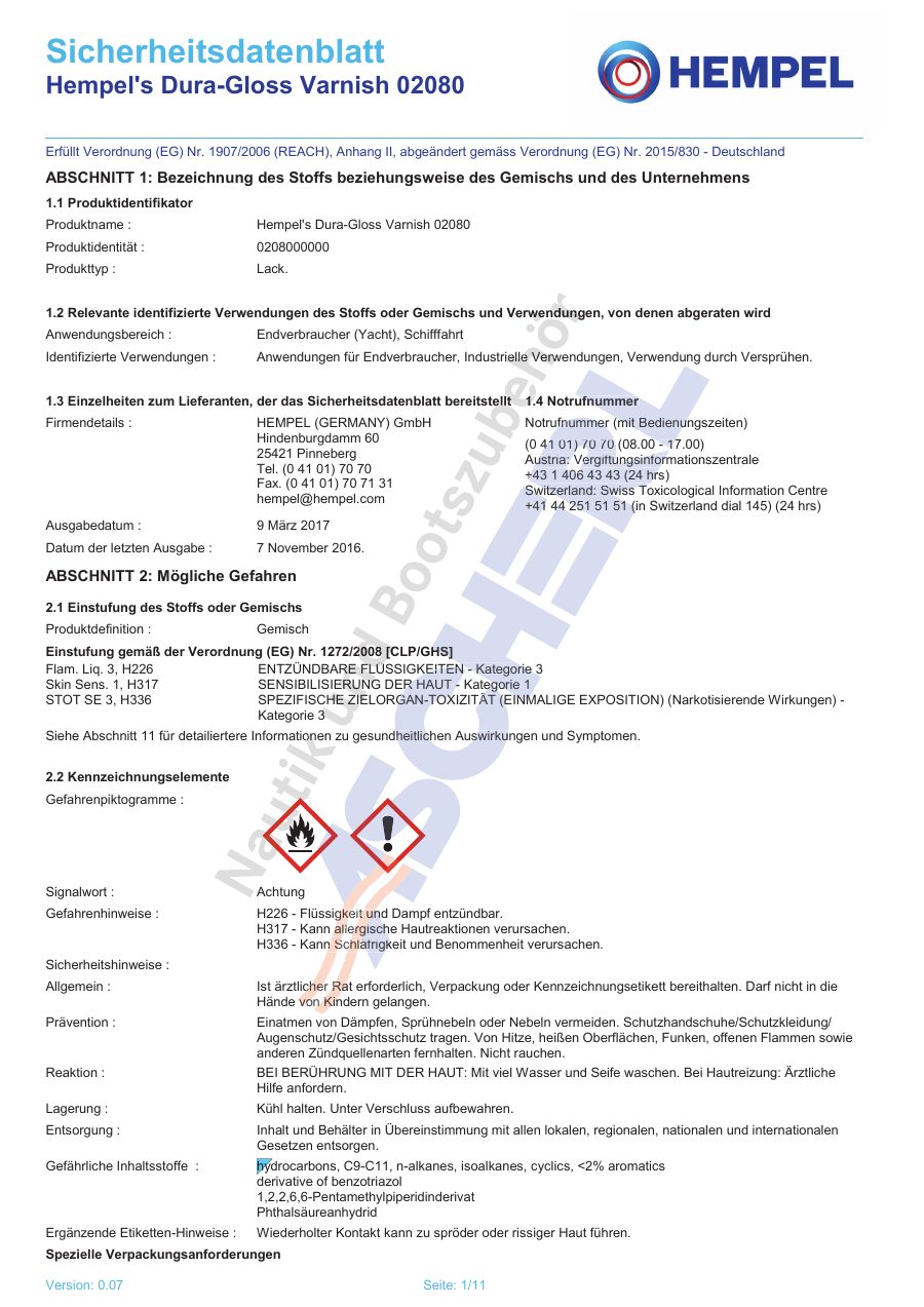 Titelseite Sicherheitsdatenblatt Hempel's Dura-Gloss Varnish 02080 (13-HDURAG75)