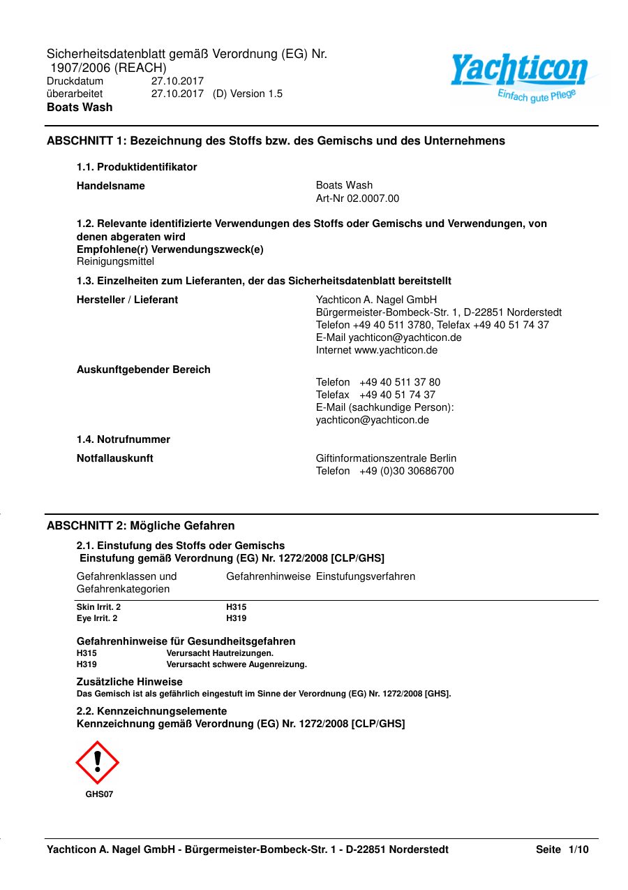 Titelseite Sicherheitsdatenblatt Boats Wash (13-YBOATWAS)