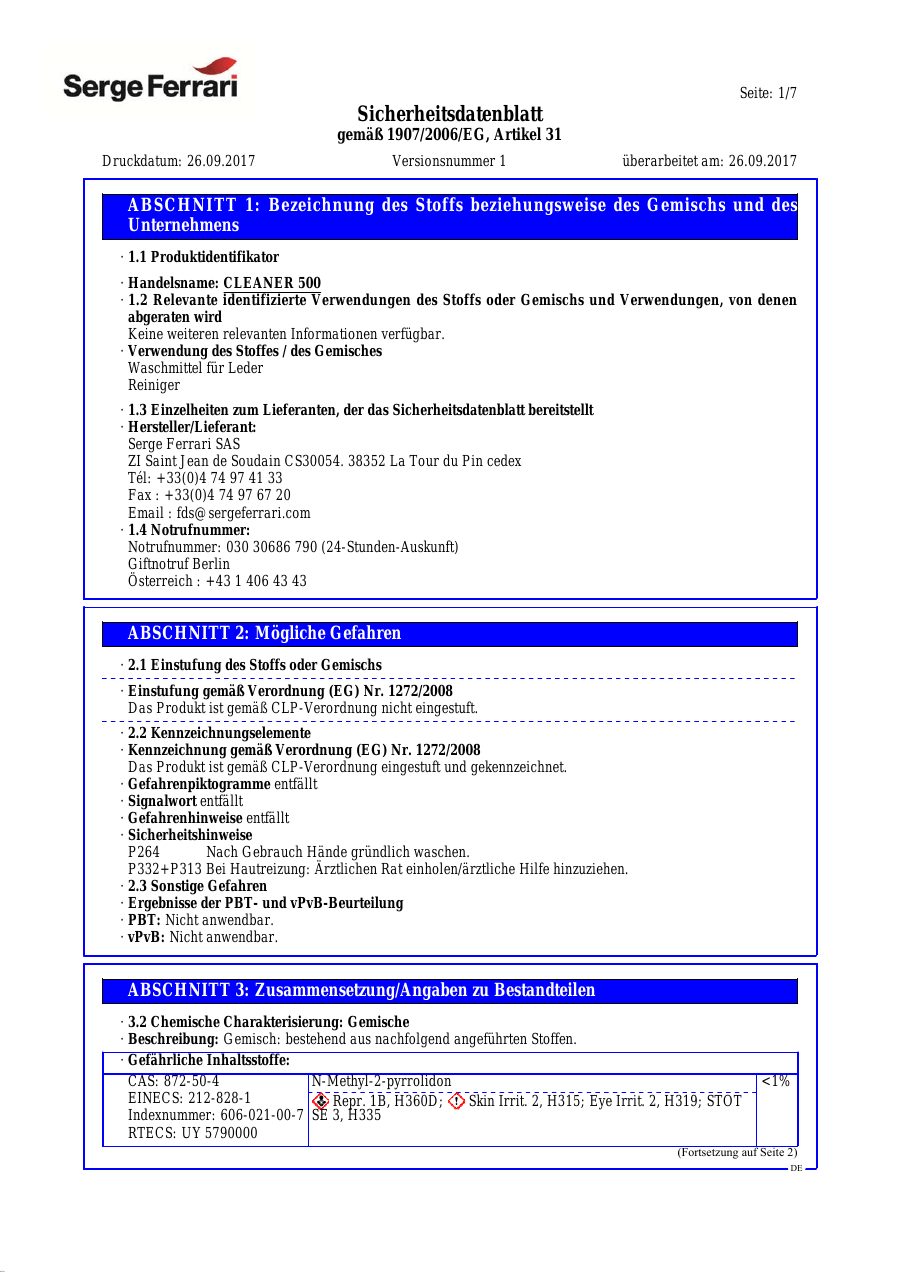 Titelseite Sicherheitsdatenblatt CLEANER 500 (09-STAMCLEA)