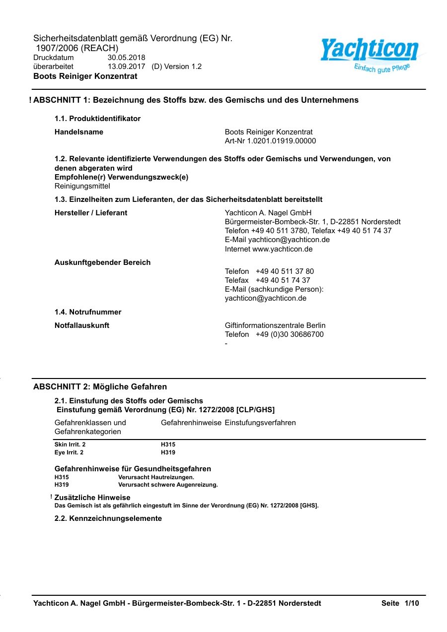 Titelseite Sicherheitsdatenblatt Boots Reiniger Konzentrat (13-YBOOTREI)