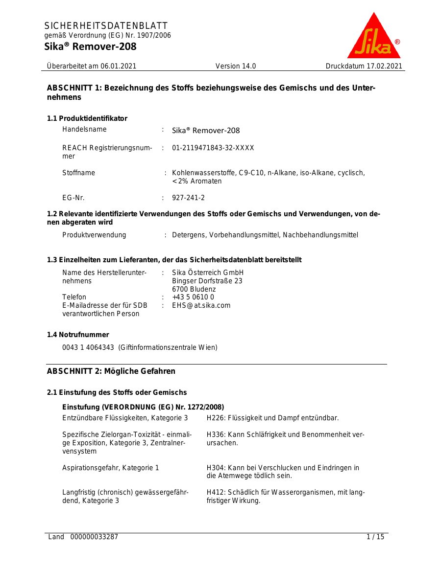 Titelseite Sicherheitsdatenblatt Sika® Remover-208 (13-SR2081)