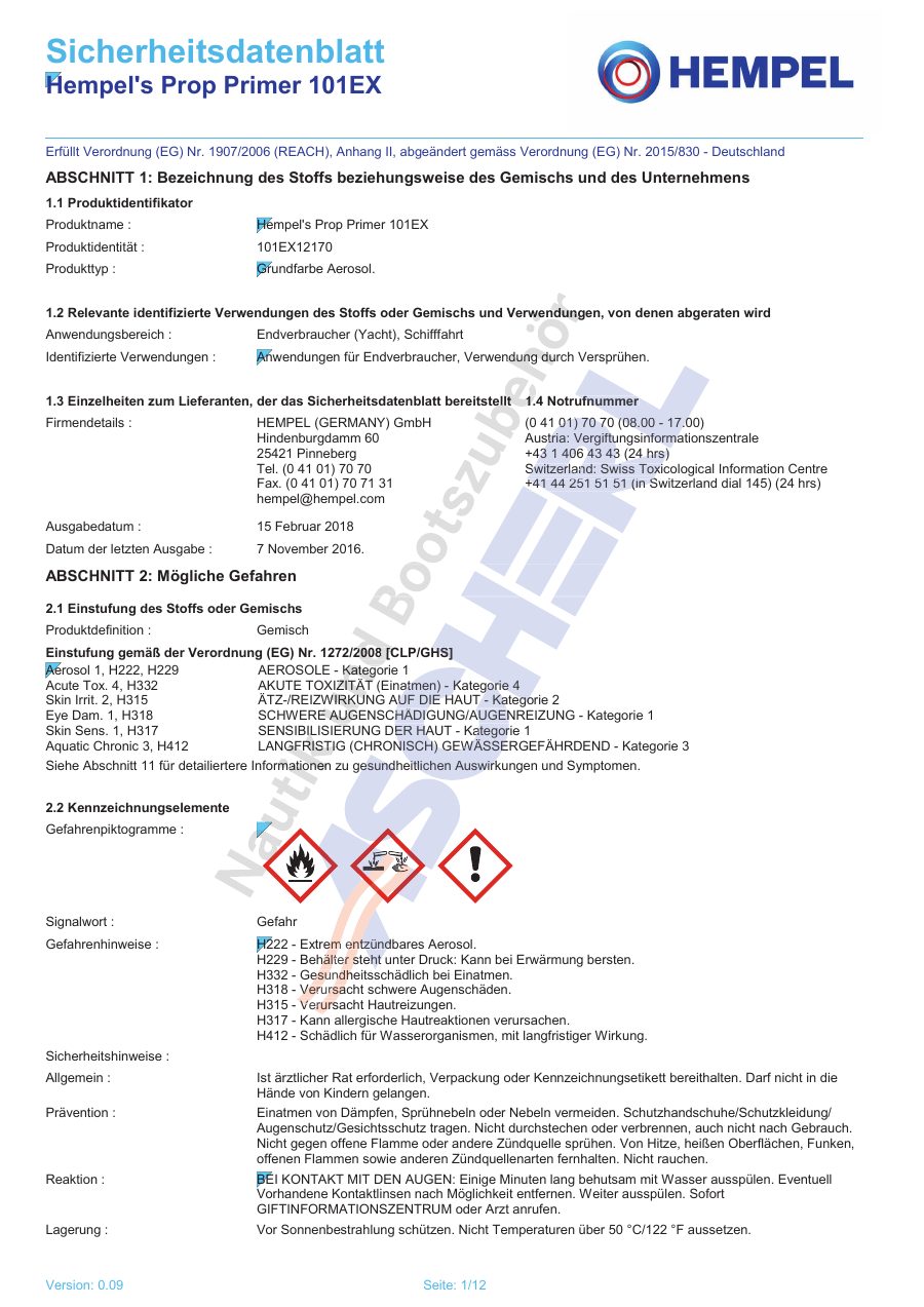 Titelseite Sicherheitsdatenblatt Hempel's Prop Primer 101EX (13-HPROPPRI)