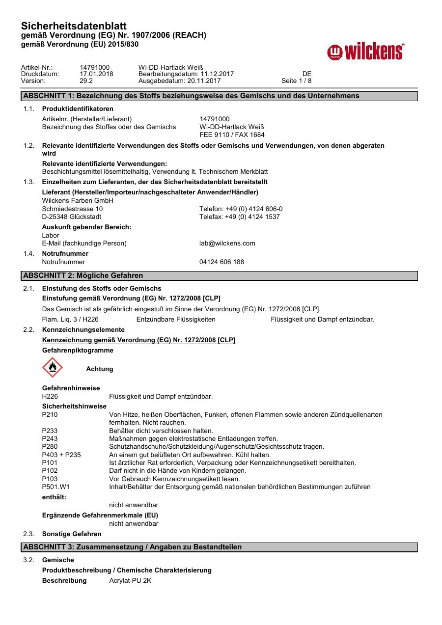 Titelseite Sicherheitsdatenblatt Wi-DD-Hartlack Weiß (13-WDDWEISS)
