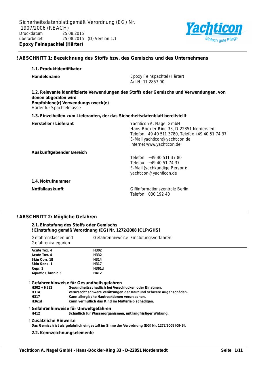 Titelseite Sicherheitsdatenblatt Epoxy Feinspachtel (Härter) (13-EPOXY450_Härter)