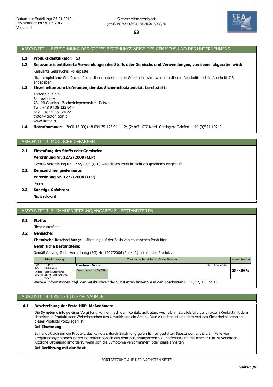 Titelseite Sicherheitsdatenblatt Sea-Line 13-SLS3500