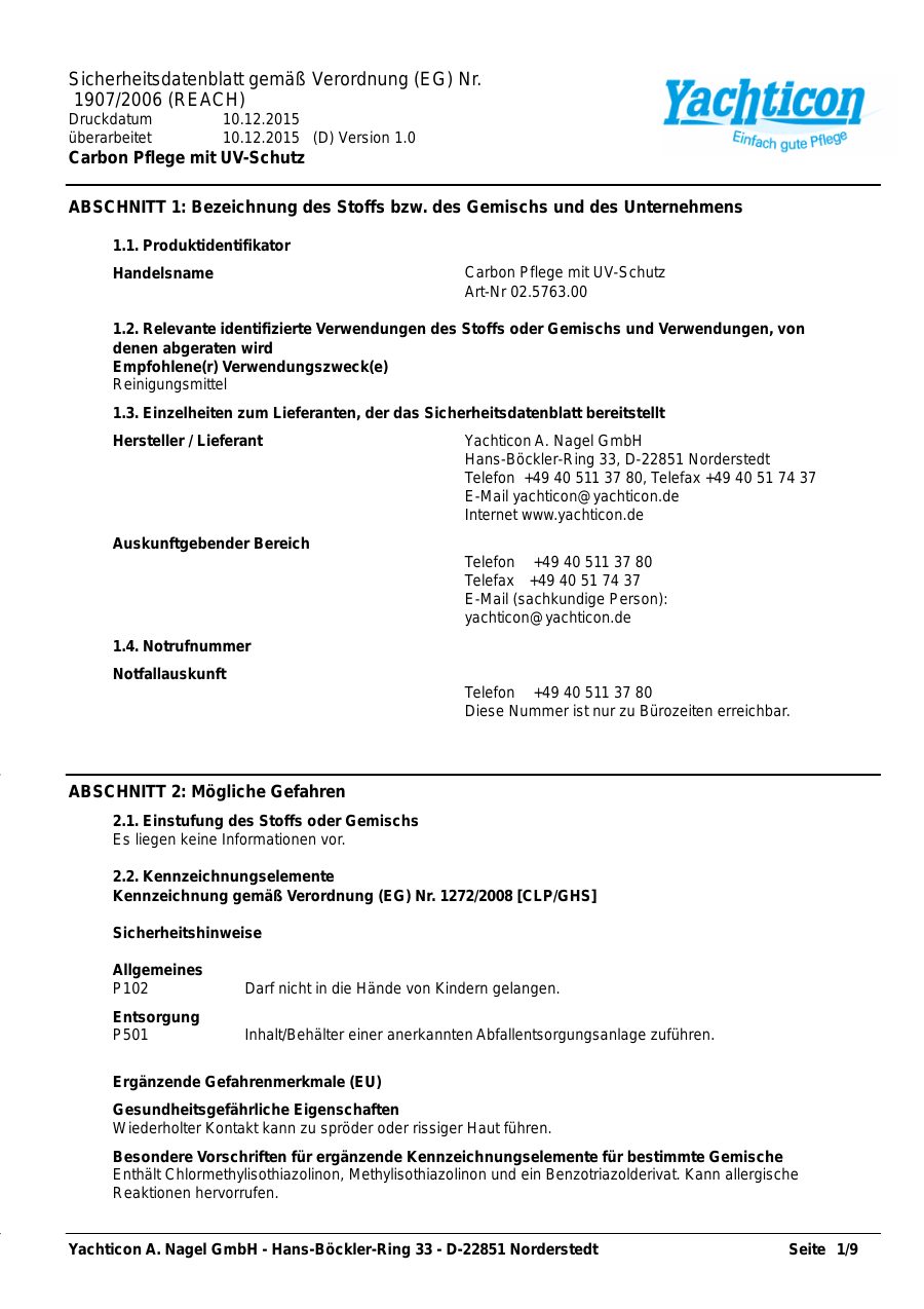 Titelseite Sicherheitsdatenblatt Carbon Pflege mit UV-Schutz (13-YCARBON)