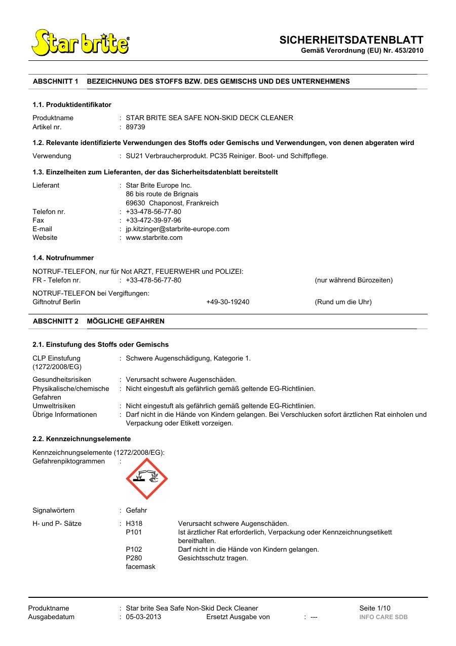 Titelseite Sicherheitsdatenblatt STAR BRITE SEA SAFE NON-SKID DECK CLEANER (13-SDECK)