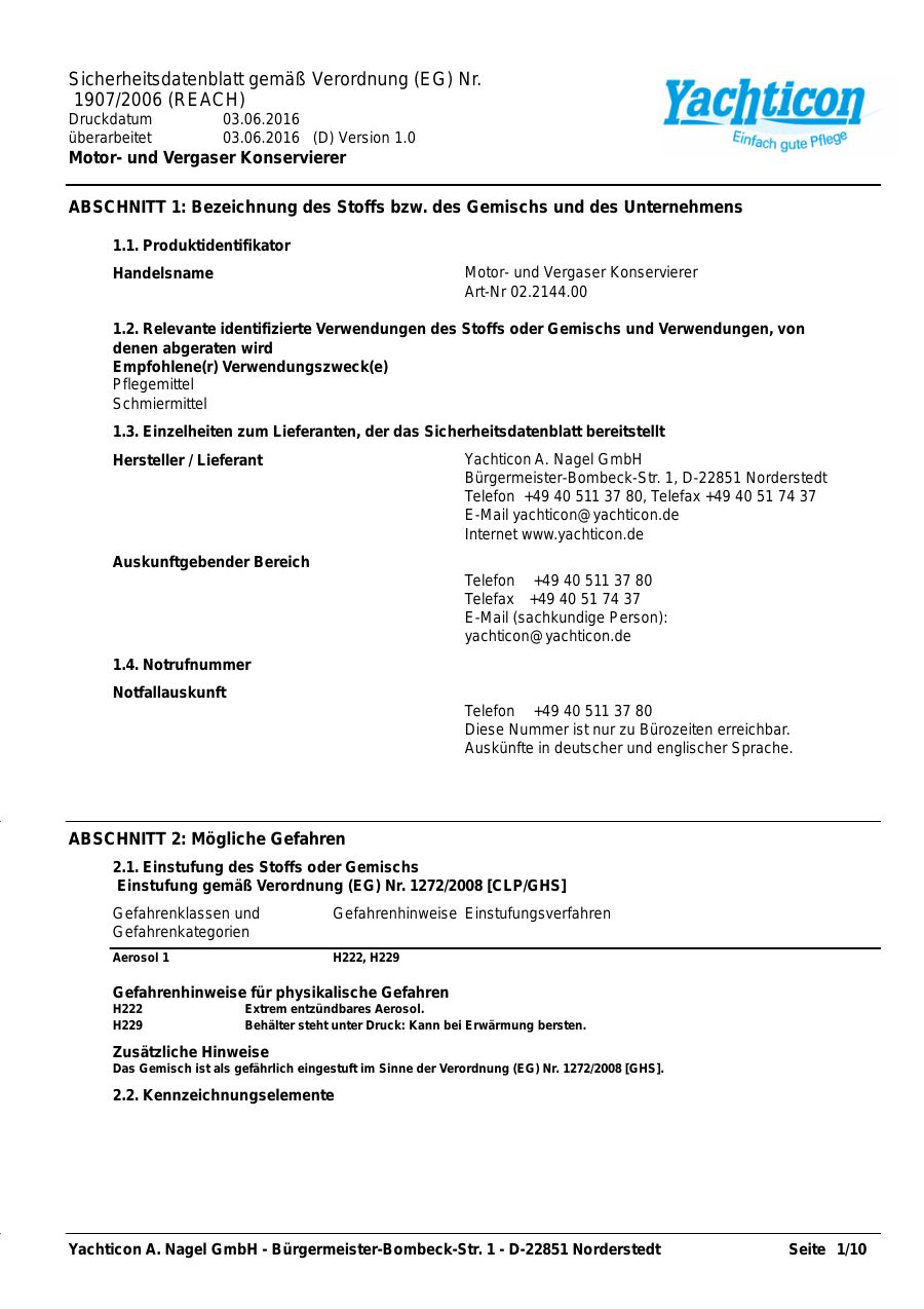 Titelseite Sicherheitsdatenblatt Motor- und Vergaser Konservierer (13-YMOTOR)