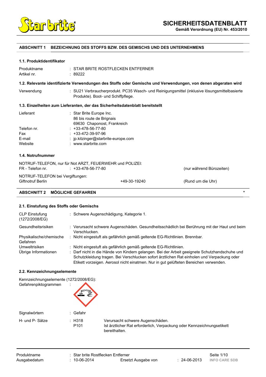 Titelseite Sicherheitsdatenblatt STAR BRITE ROSTFLECKEN ENTFERNER (13-SRUST)