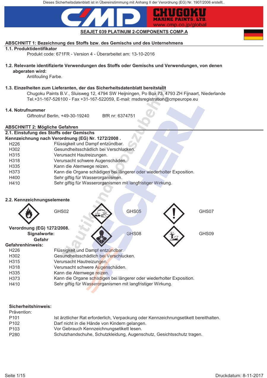 Titelseite Sicherheitsdatenblatt SEAJET 039 PLATINUM 2-COMPONENTS COMP.A (13-SJ0392_A)
