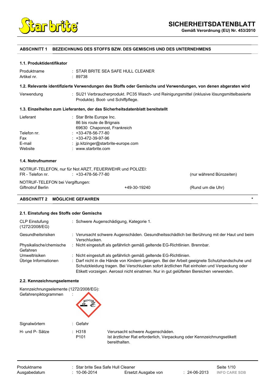Titelseite Sicherheitsdatenblatt STAR BRITE SEA SAFE HULL CLEANER (13-SHULL)