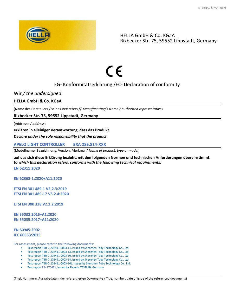 Titelseite Zertifikat Sonstiges CE DoC 285 814 xxx Apelo Light Controller 202503 05