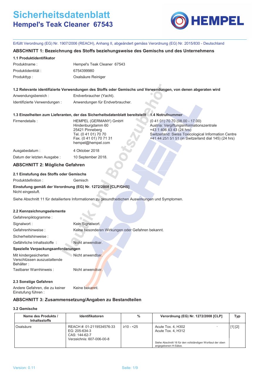 Titelseite Sicherheitsdatenblatt Hempel's Teak Cleaner 67543 (13-HTEAKC75)