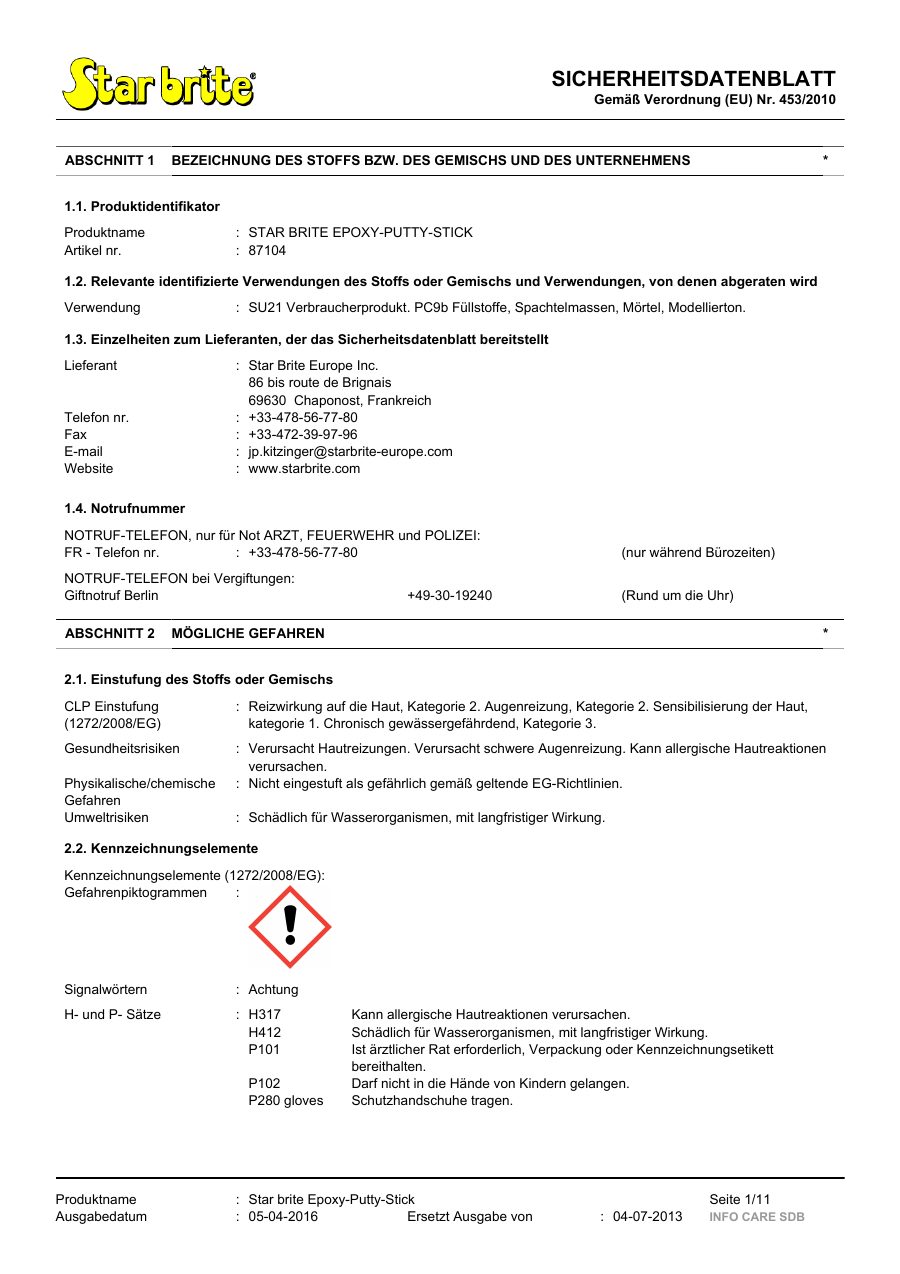 Titelseite Sicherheitsdatenblatt STAR BRITE EPOXY-PUTTY-STICK (13-SEPOXYP)