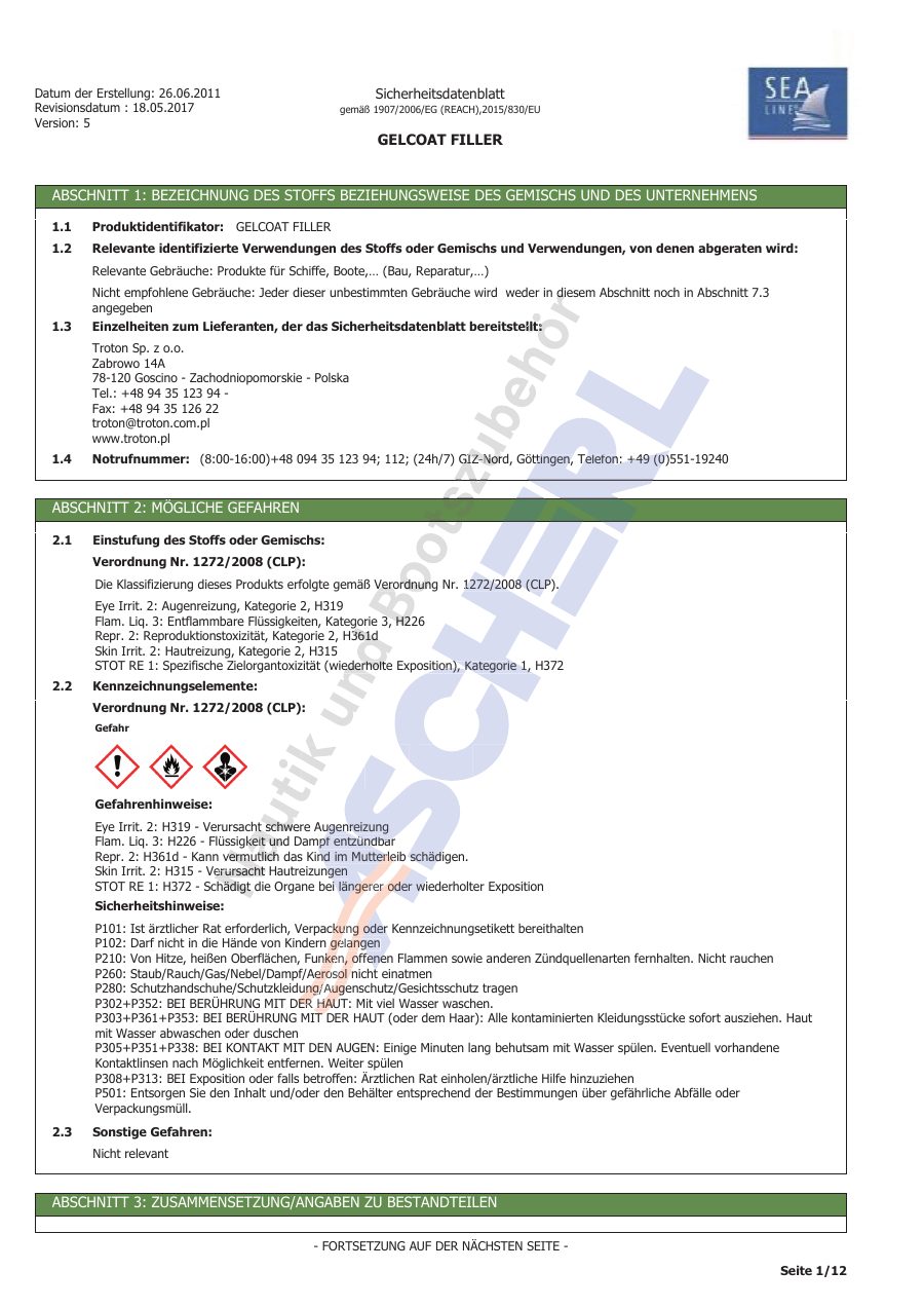 Titelseite Sicherheitsdatenblatt Sea-Line 13-SLG9010