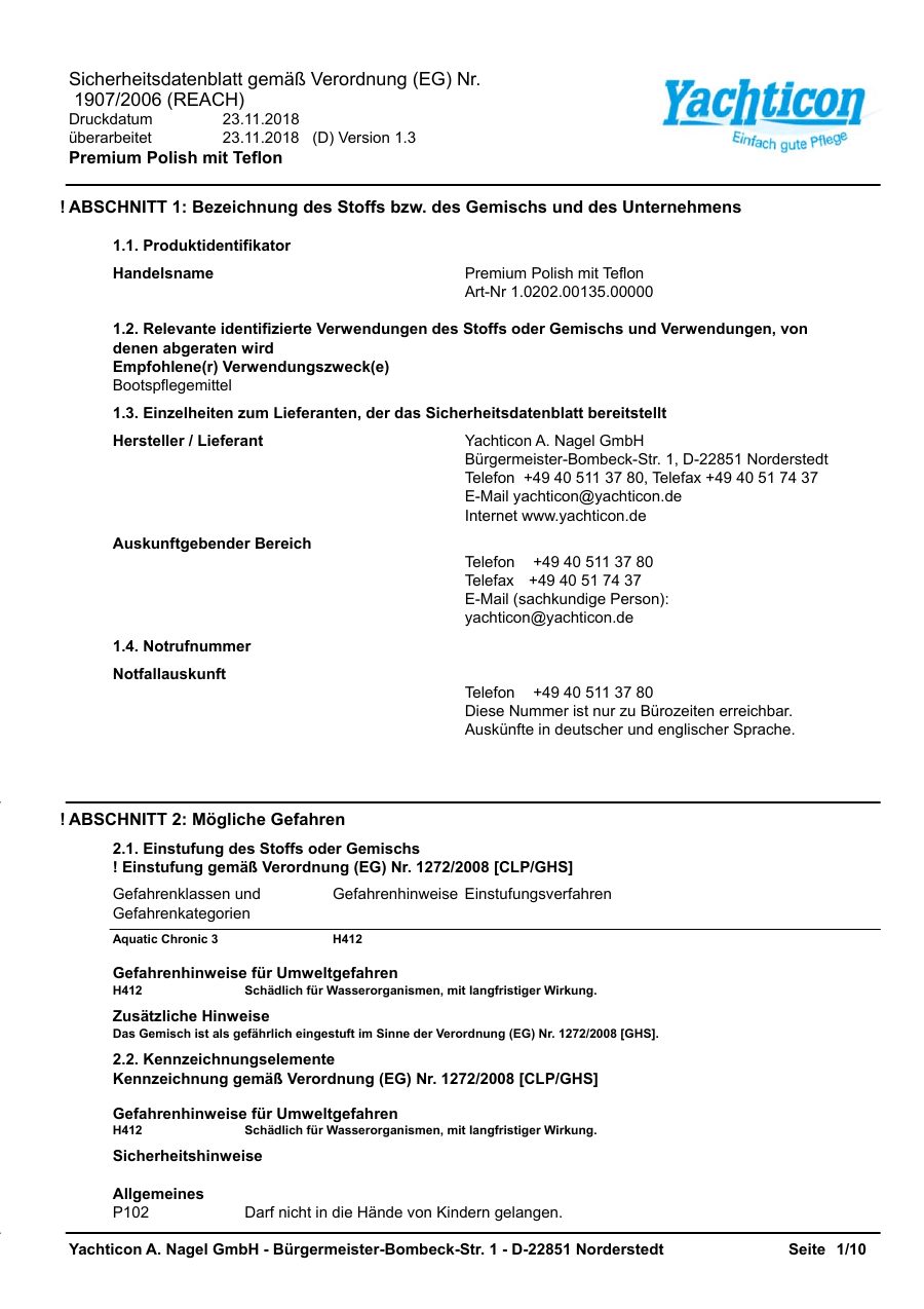 Titelseite Sicherheitsdatenblatt Premium Polish mit Teflon (13-YTEFLONP)