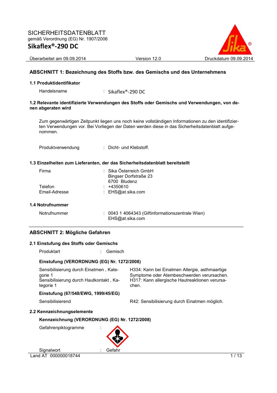 Titelseite Sicherheitsdatenblatt Sikaflex®-290 DC (13-SP2901)