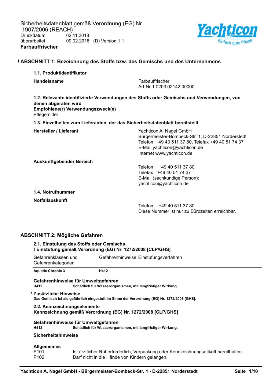 Titelseite Sicherheitsdatenblatt Farbauffrischer (13-YFARB)