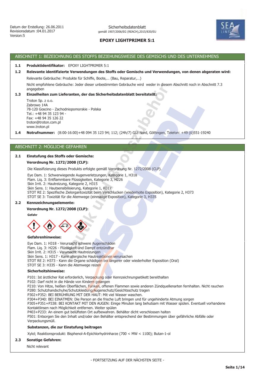 Titelseite Sicherheitsdatenblatt Sea-Line 13-SLLP3G