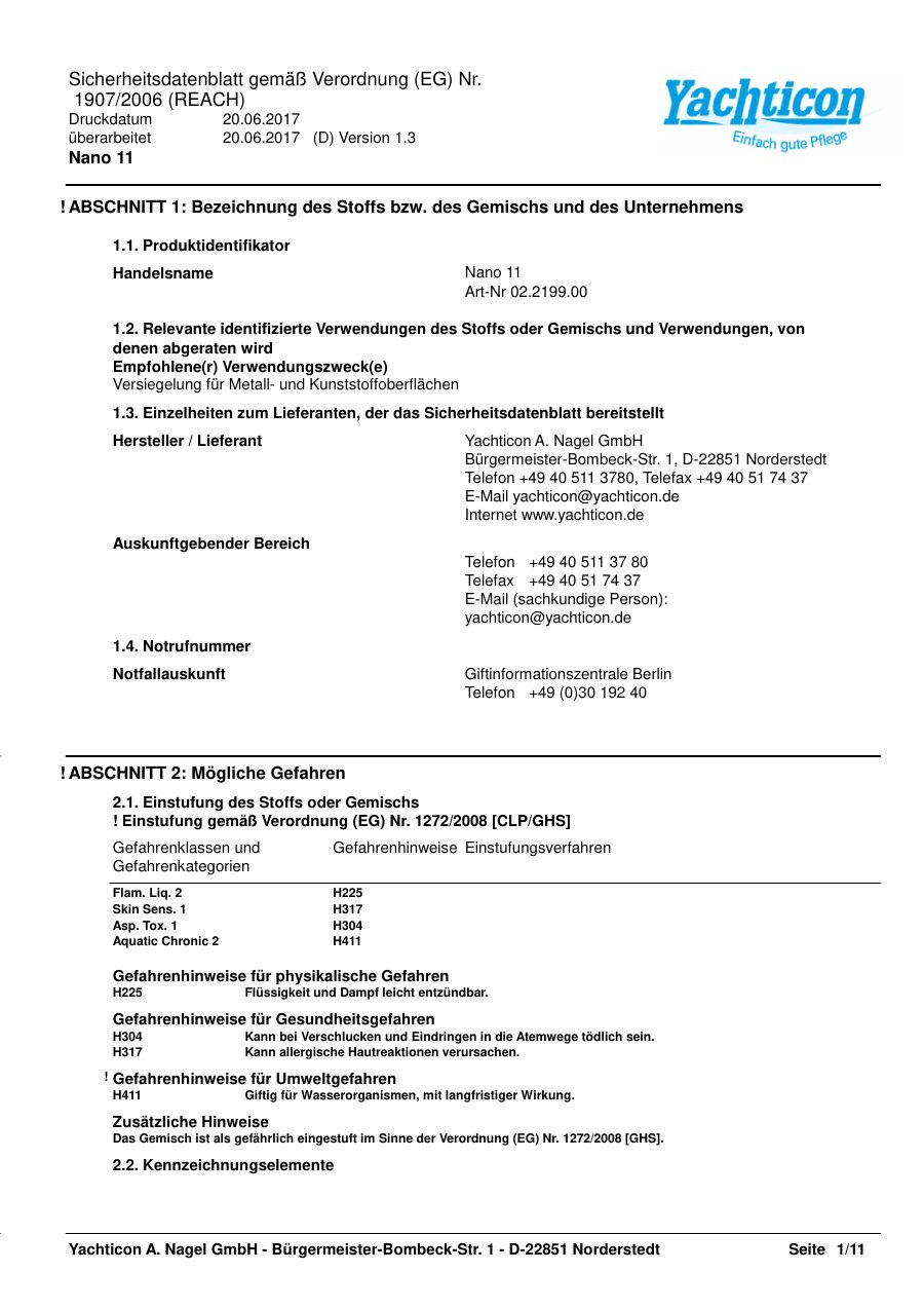 Titelseite Sicherheitsdatenblatt Nano 11 (13-YNANO112)
