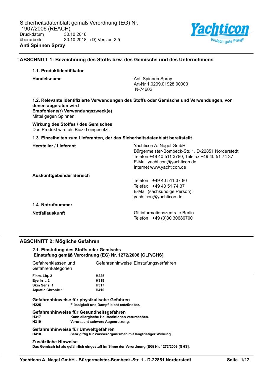 Titelseite Sicherheitsdatenblatt Anti Spinnen Spray (13-YSPINNEN)