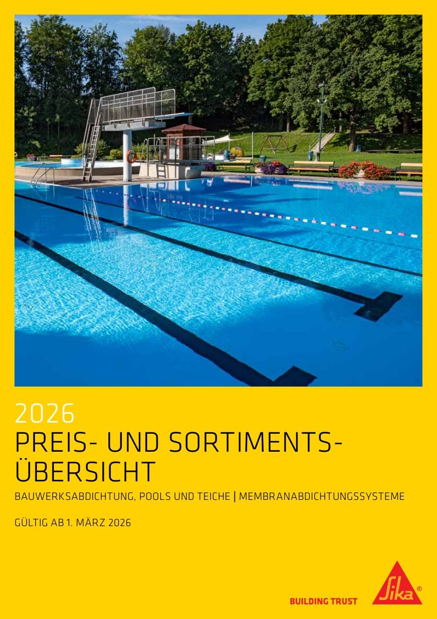 Titelseite Preisliste Membranabdichtungssysteme: Bauwerksabdichtung, Pools und Teiche Broschüren und Flyer PDF - 4 MB (de)