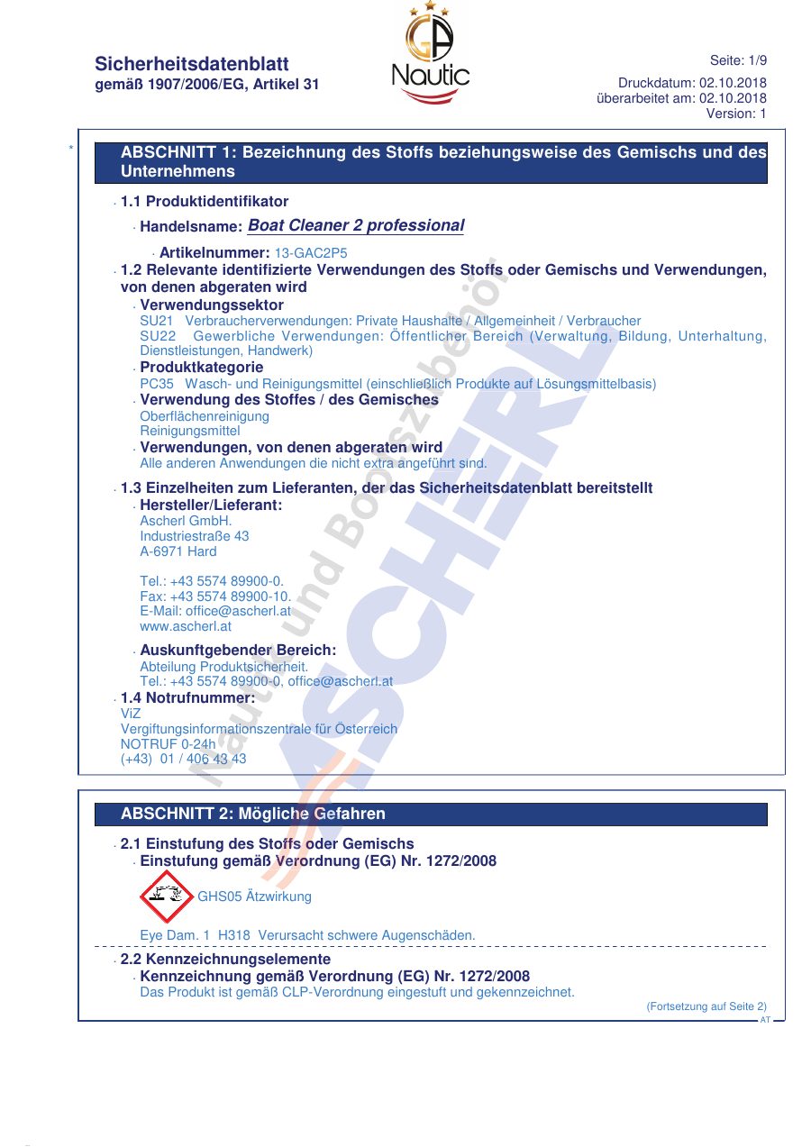 Titelseite Sicherheitsdatenblatt Boat Cleaner 2 professional (13-GAC2P5_DE)