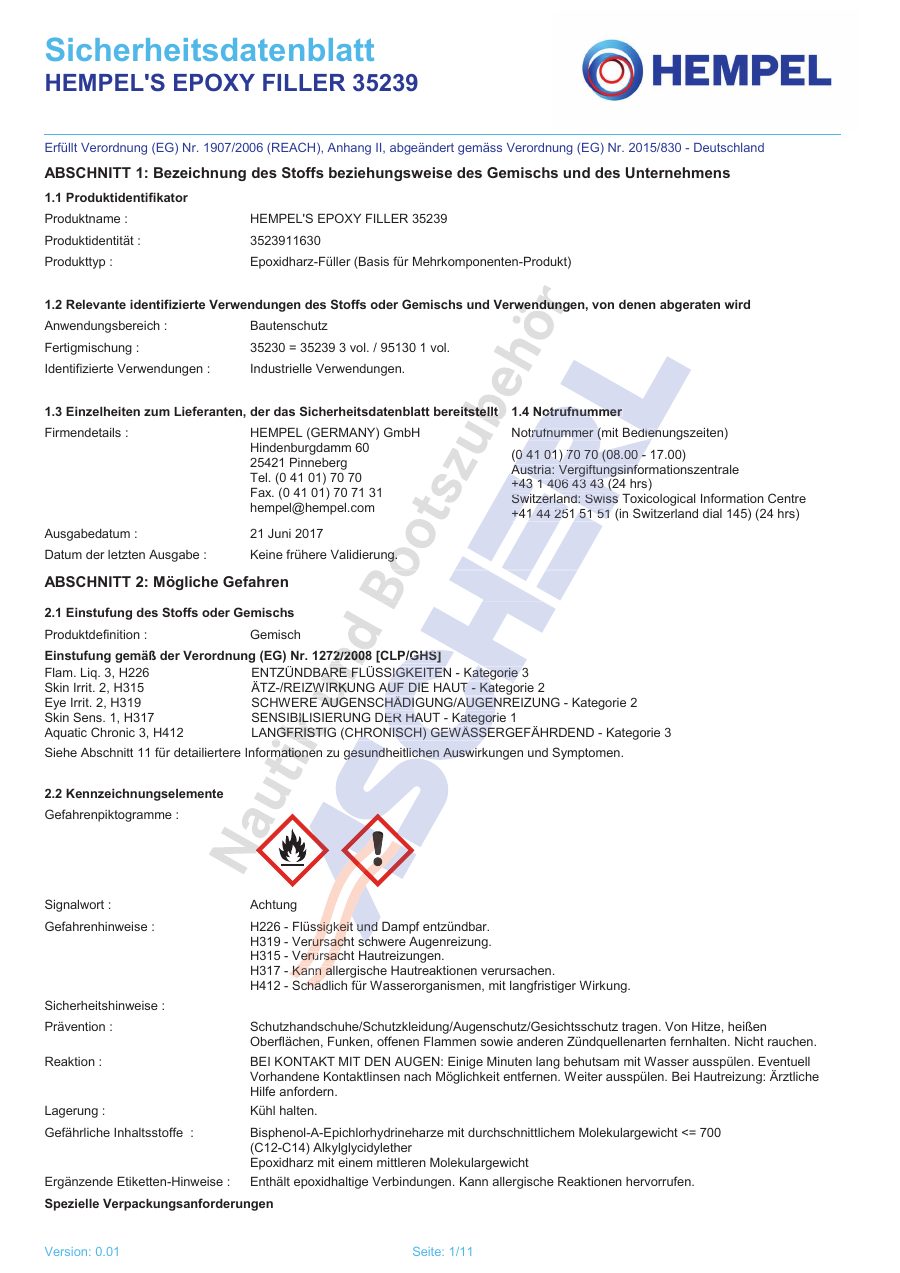 Titelseite Sicherheitsdatenblatt HEMPEL'S EPOXY FILLER 35239 (13-HEPOXY13)