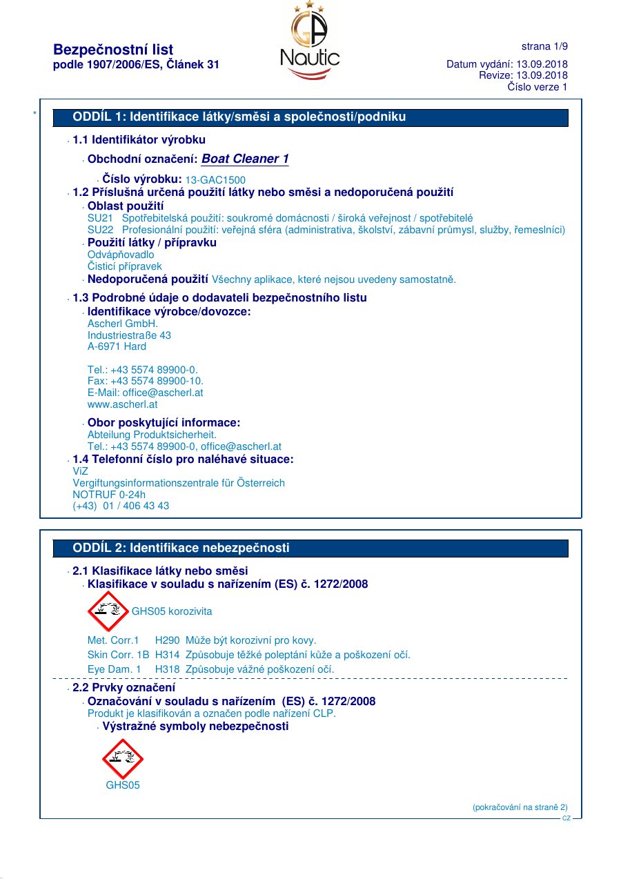Titelseite Sicherheitsdatenblatt GA Nautic 13-GAC1500_CZ