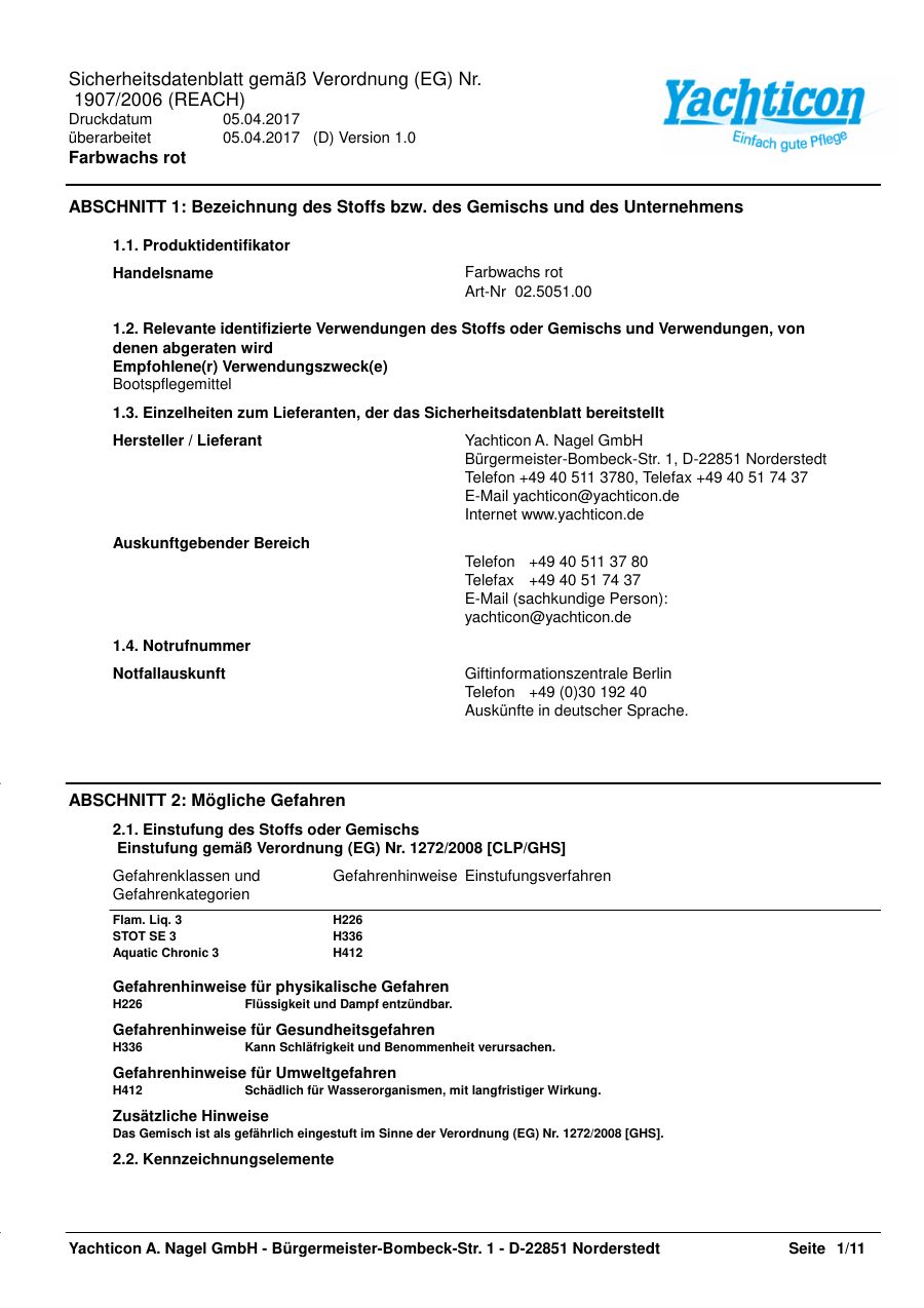 Titelseite Sicherheitsdatenblatt Farbwachs rot (13-YWAXROT)