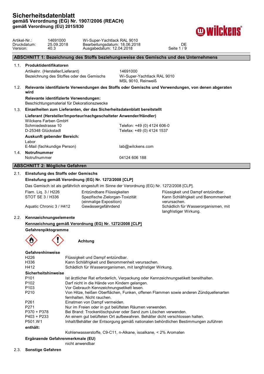 Titelseite Sicherheitsdatenblatt Wi-Super-Yachtlack RAL 9010 (13-W1K9010)