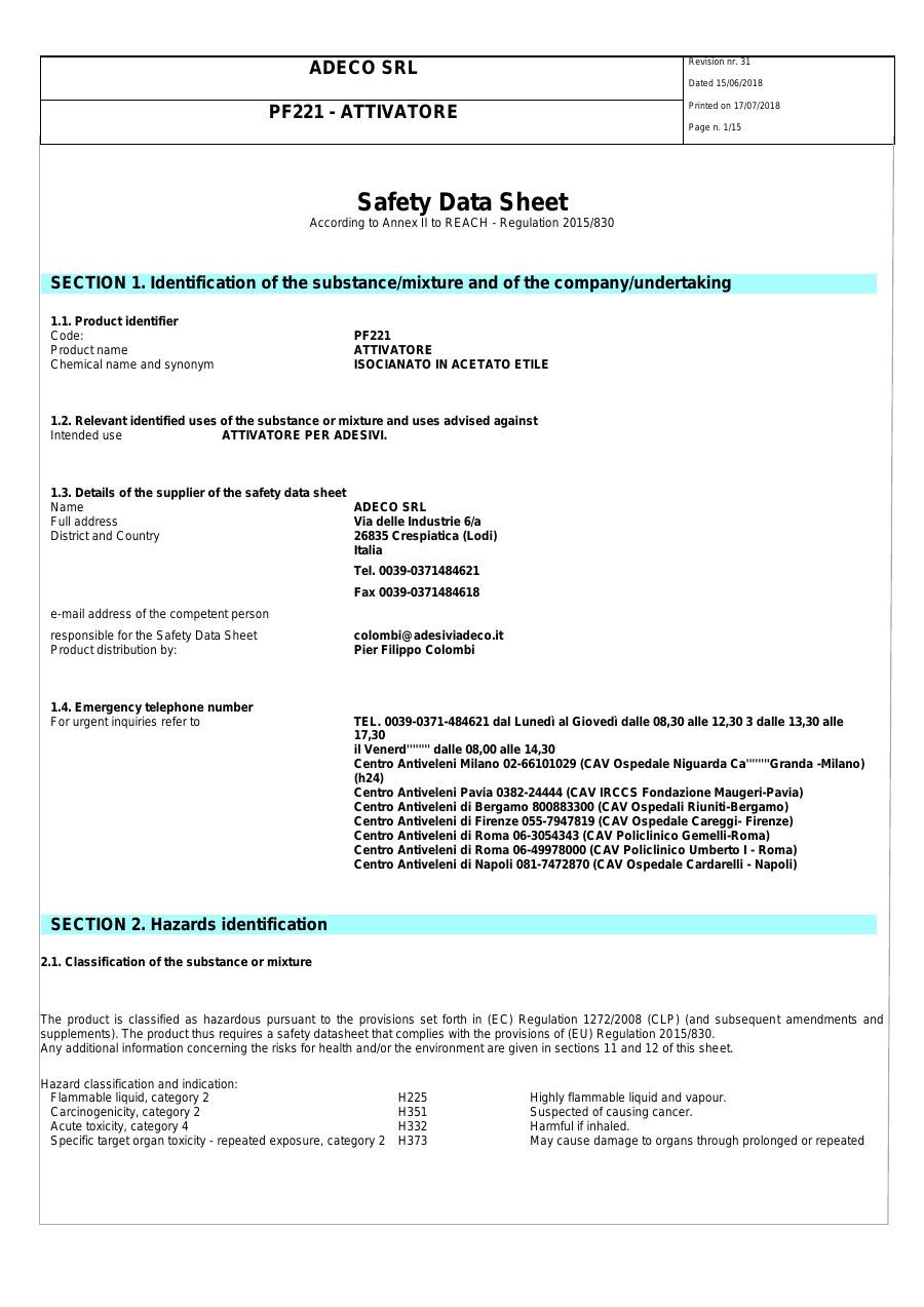Titelseite Sicherheitsdatenblatt ATTIVATORE (13-YSCHLRGH_Härter)