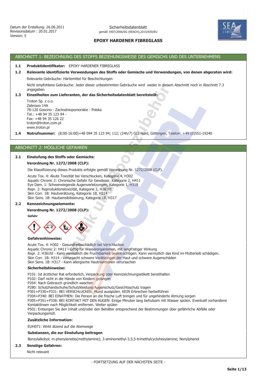 Titelseite Sicherheitsdatenblatt Sea-Line 13-SLEFF03_H