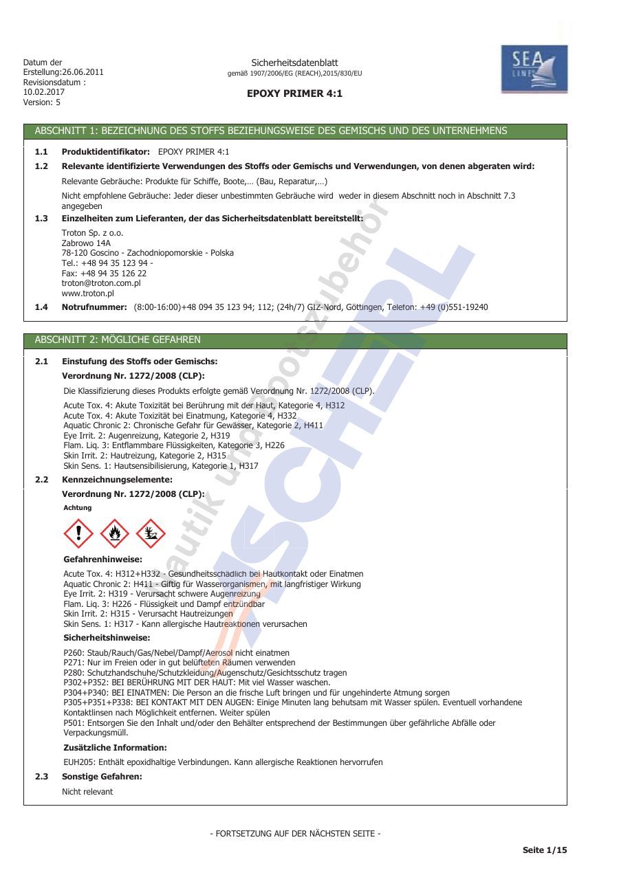 Titelseite Sicherheitsdatenblatt Sea-Line 13-SLEANTI7_B