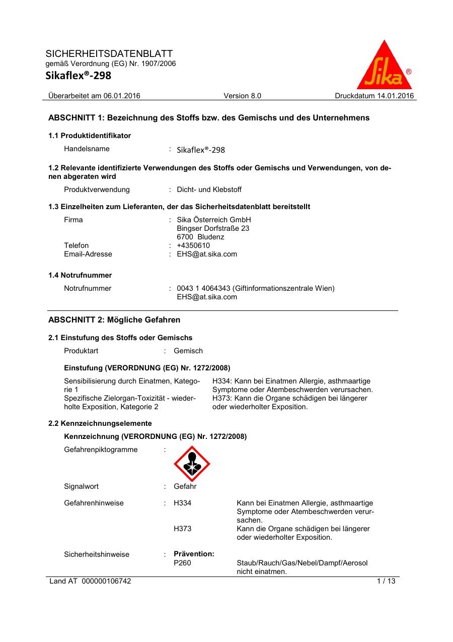 Titelseite Sicherheitsdatenblatt Sikaflex®-298 (13-SF298HM)