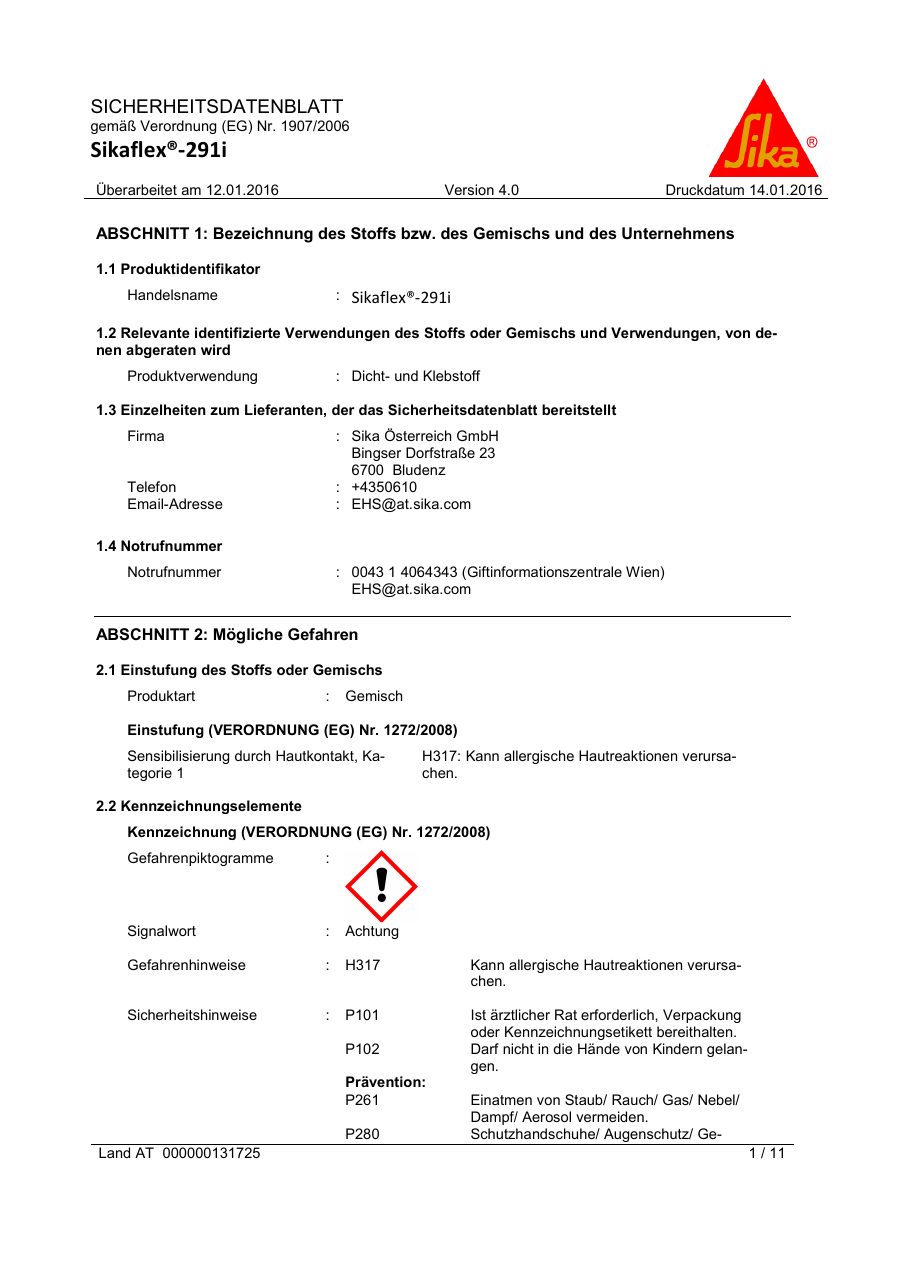 Titelseite Sicherheitsdatenblatt Sikaflex®-291i (13-SF291H)