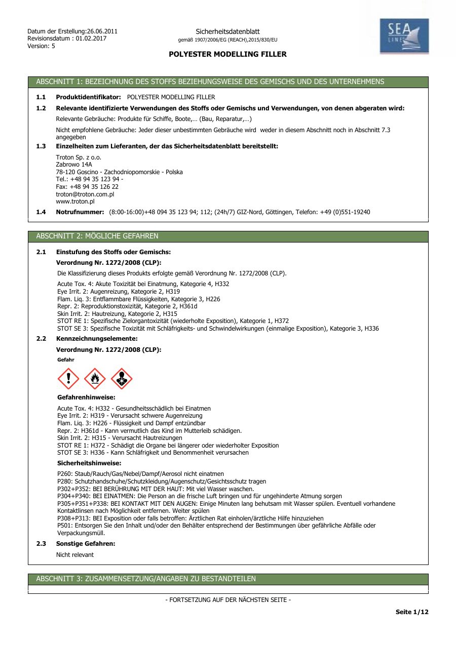 Titelseite Sicherheitsdatenblatt POLYESTER MODELLING FILLER