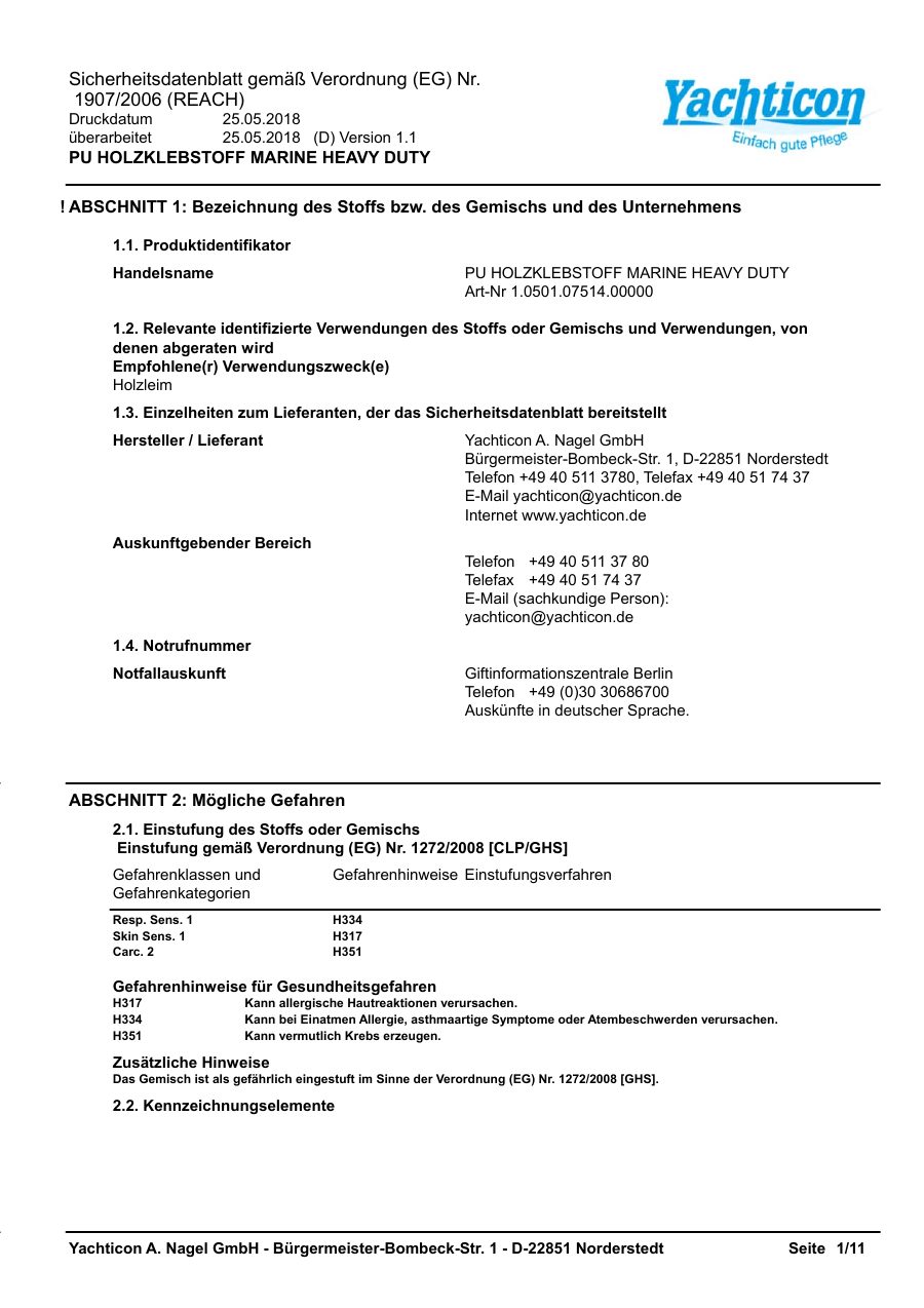 Titelseite Sicherheitsdatenblatt PU HOLZKLEBSTOFF MARINE HEAVY DUTY (13-LEIMHD)