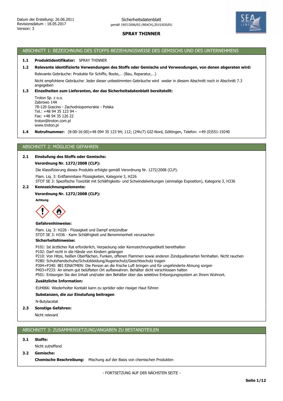 Titelseite Sicherheitsdatenblatt SPRAY THINNER