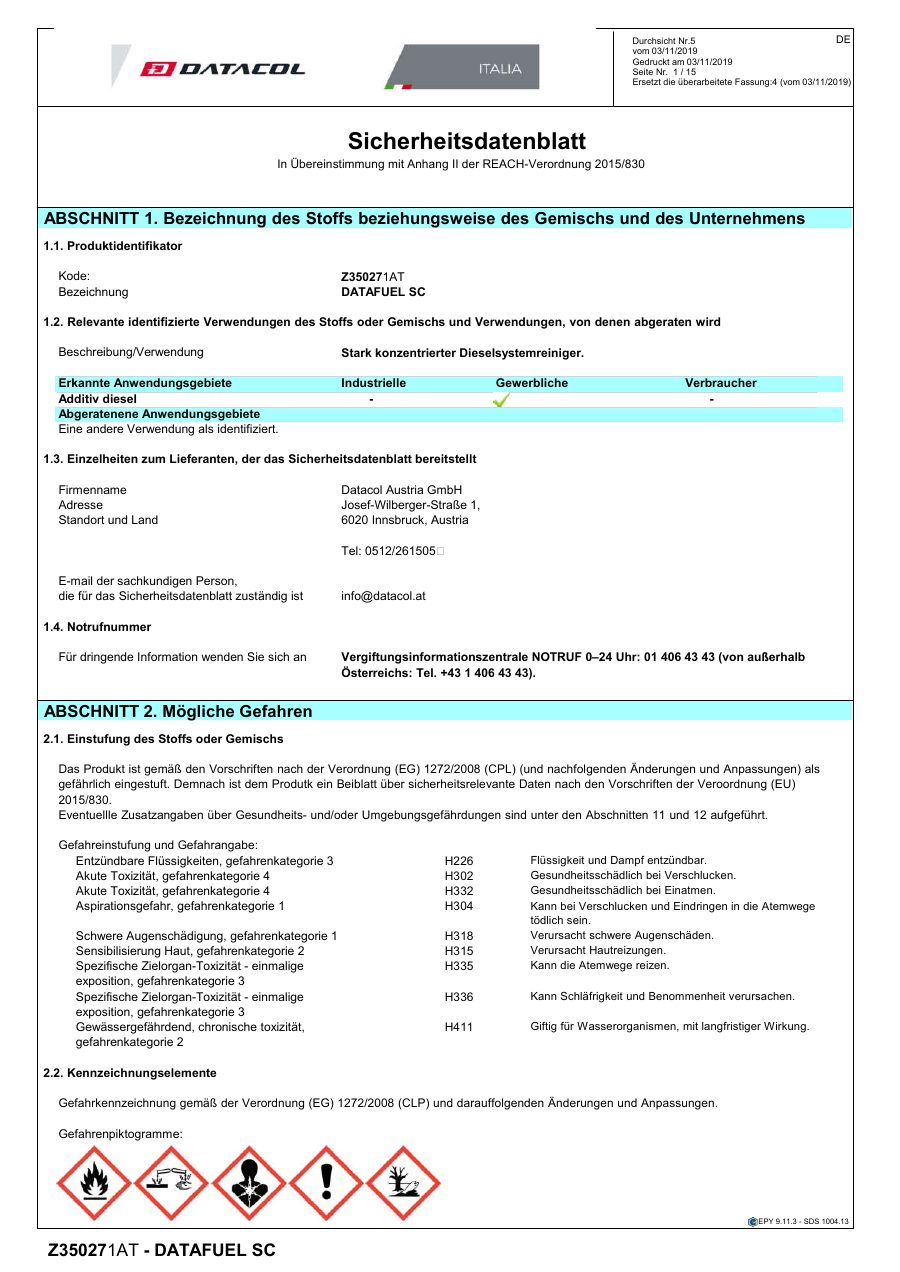 Titelseite Sicherheitsdatenblatt Datacol 13-DATACOD1