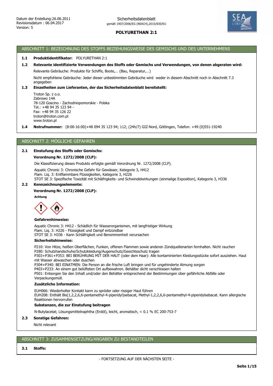 Titelseite Sicherheitsdatenblatt POLYURETHAN 2:1
