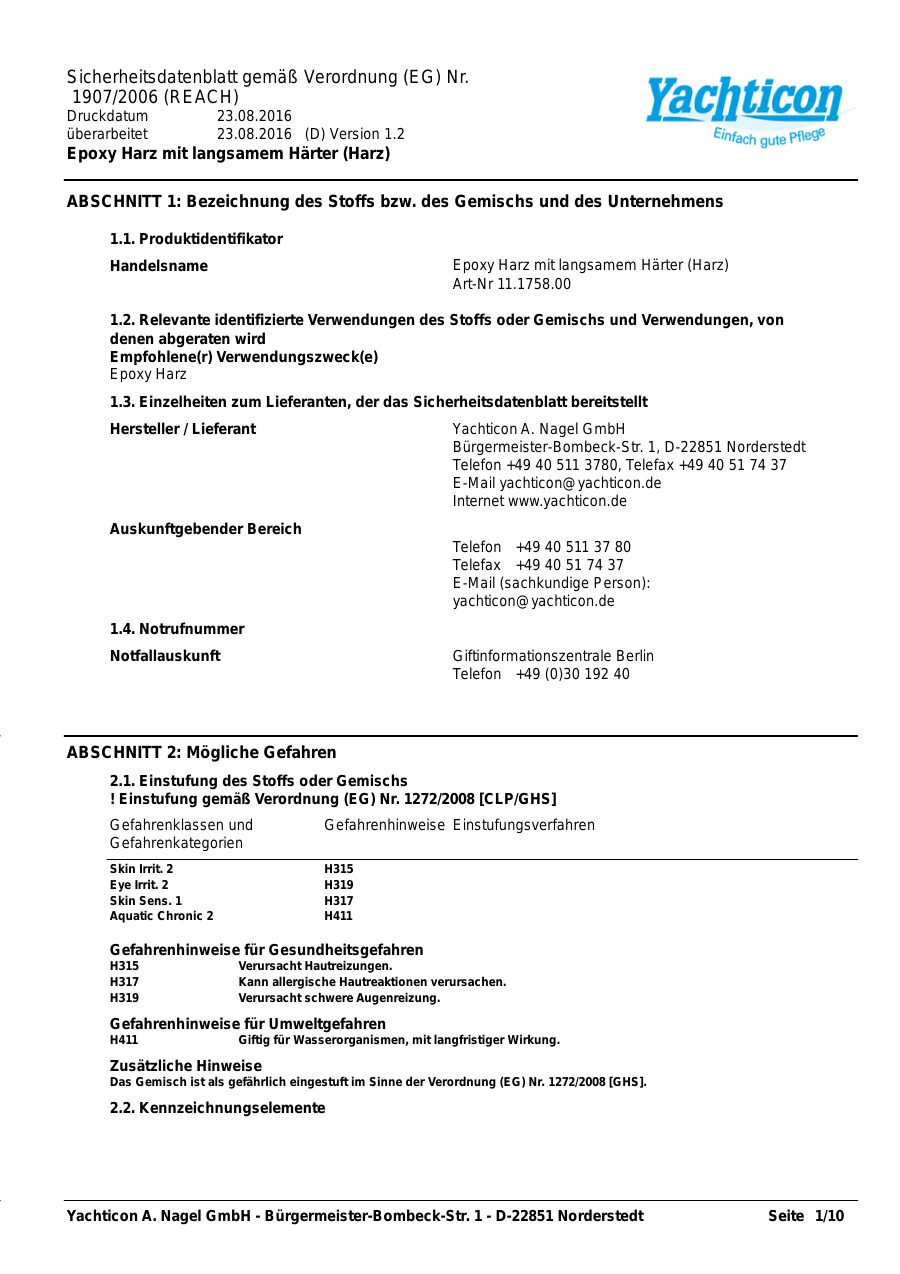 Titelseite Sicherheitsdatenblatt Epoxy Harz mit langsamem Härter (Harz) (13-EPO1500L_Harz)