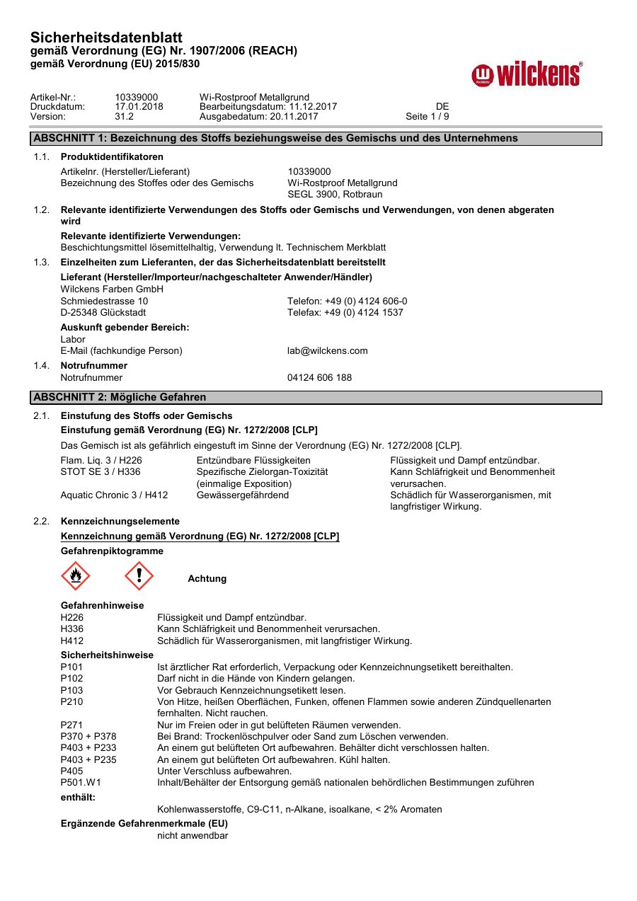 Titelseite Sicherheitsdatenblatt Wi-Rostproof Metallgrund (13-WRUST750)