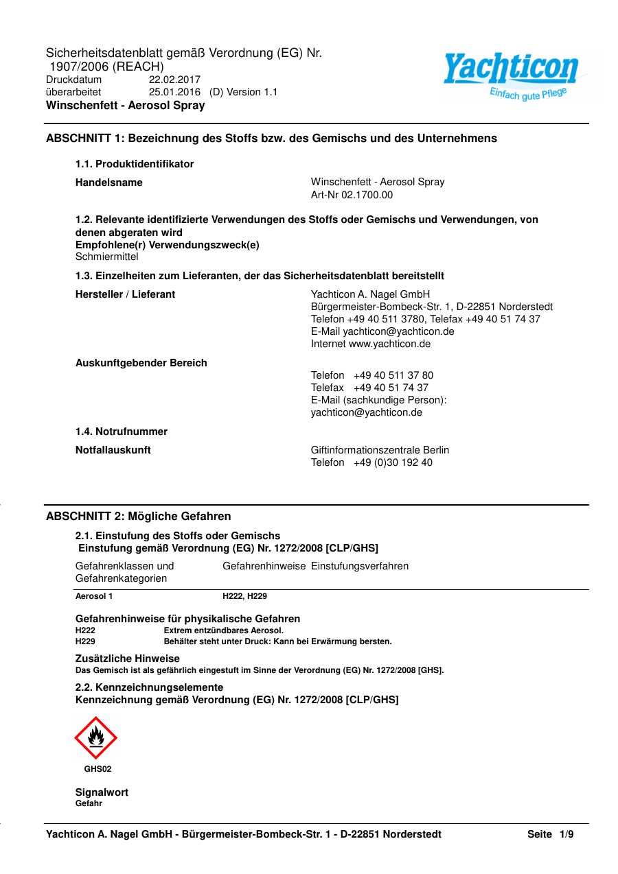 Titelseite Sicherheitsdatenblatt Winschenfett - Aerosol Spray (13-YWINCHS)