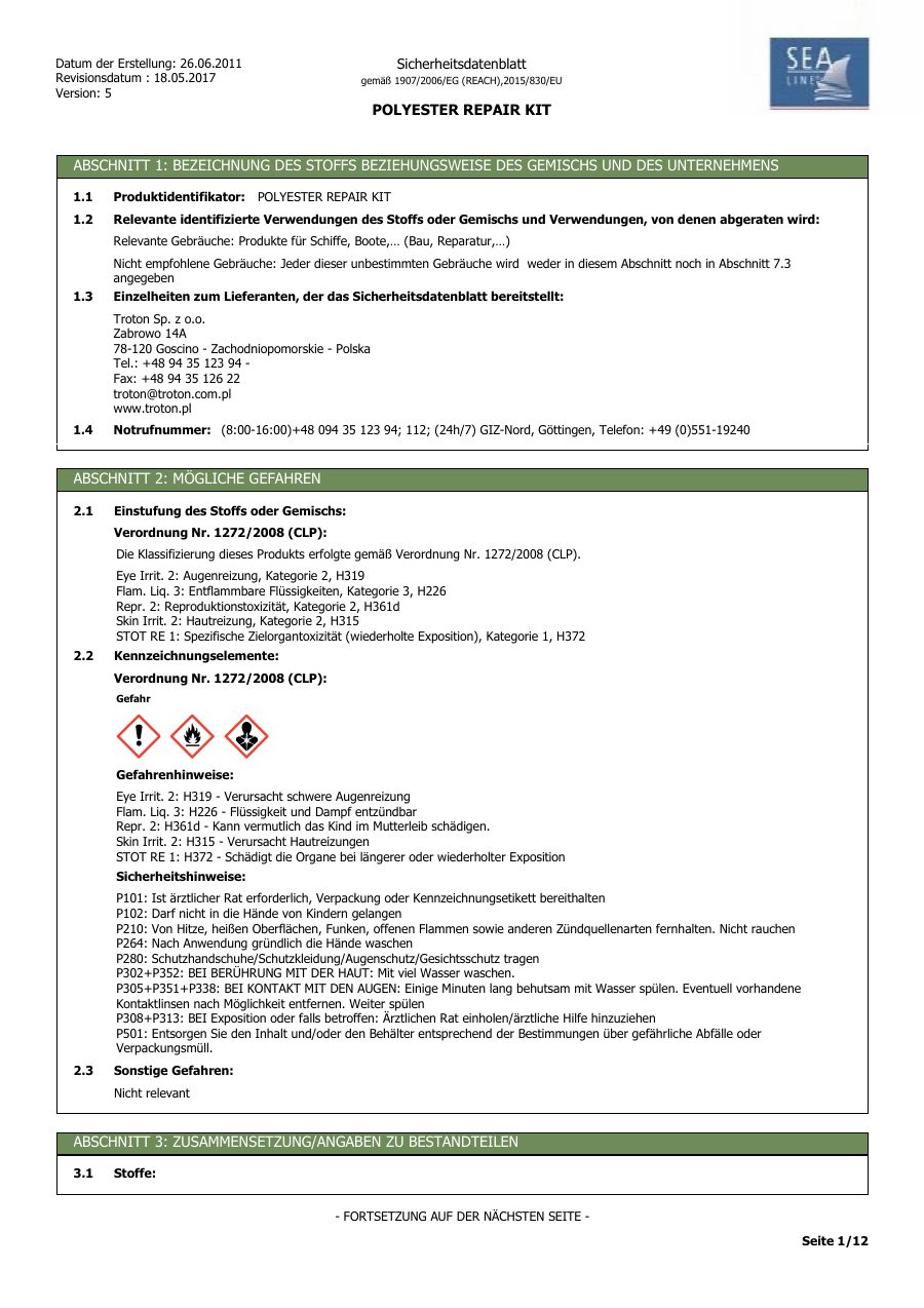 Titelseite Sicherheitsdatenblatt POLYESTER REPAIR KIT