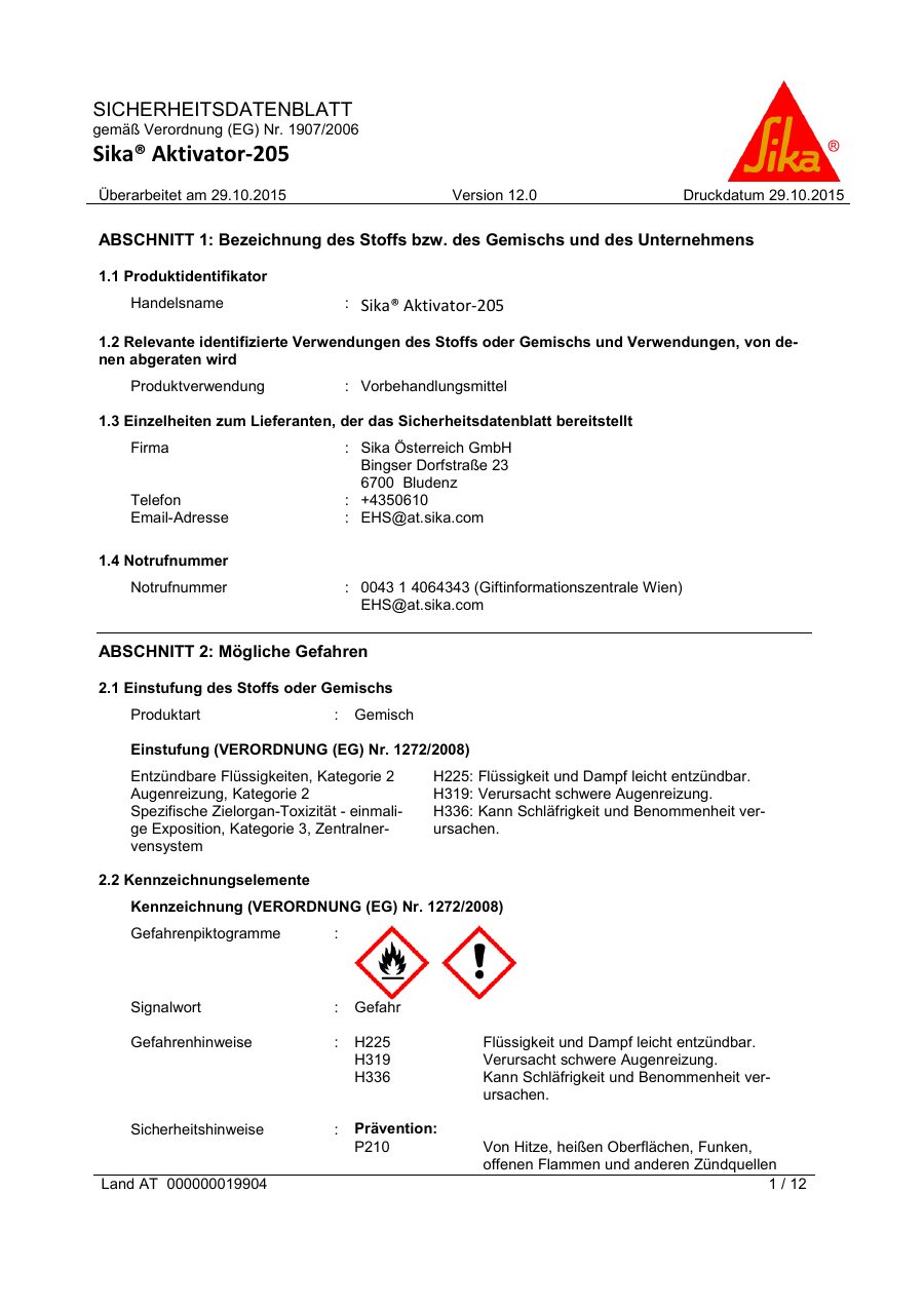 Titelseite Sicherheitsdatenblatt Sika® Aktivator-205 (13-SC2051)
