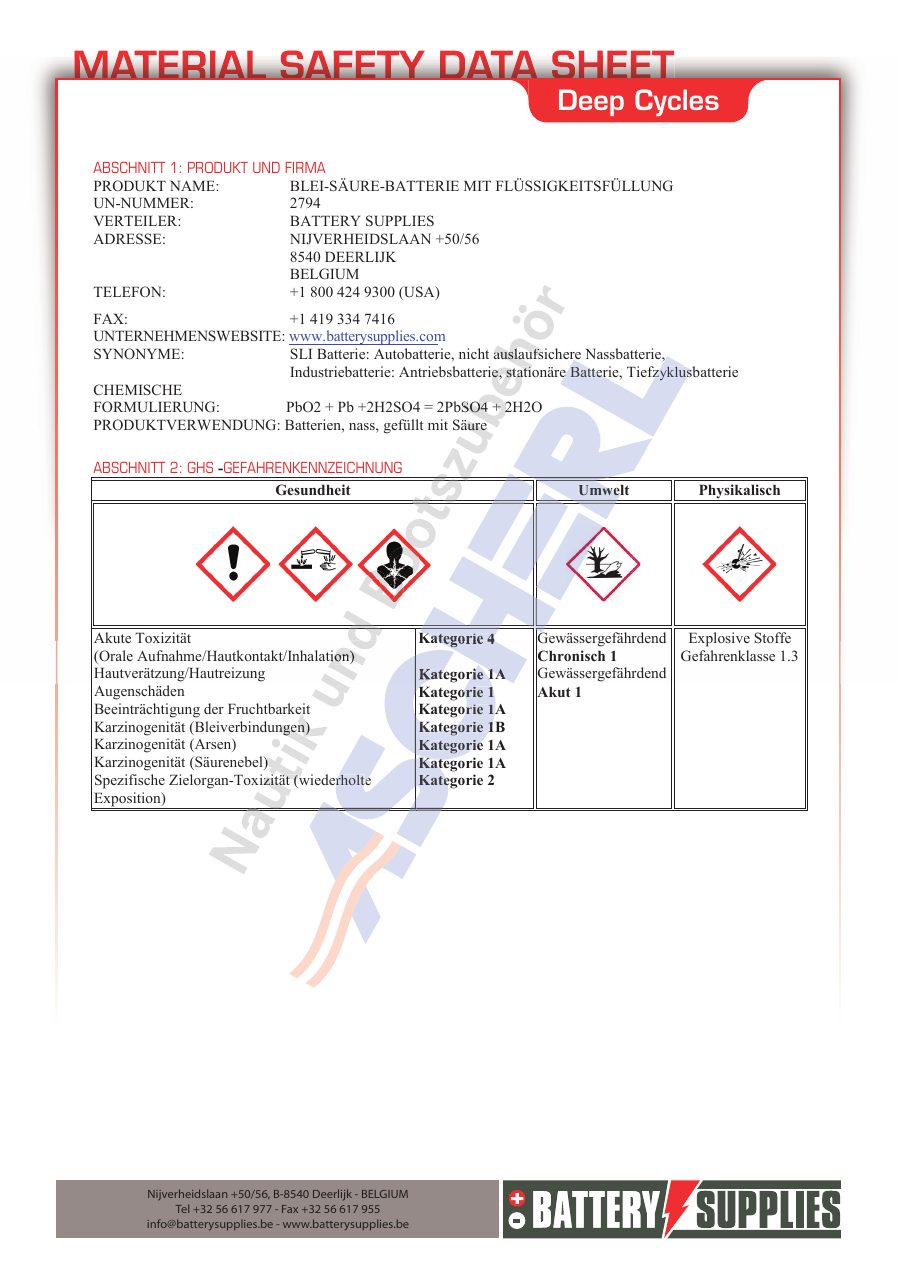 Titelseite Sicherheitsdatenblatt Battery Supplies 10-DEEP105M