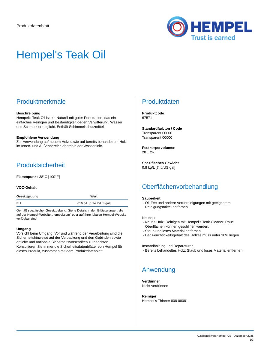 Titelseite Datenblatt Hempel's Teak Oil (67571)