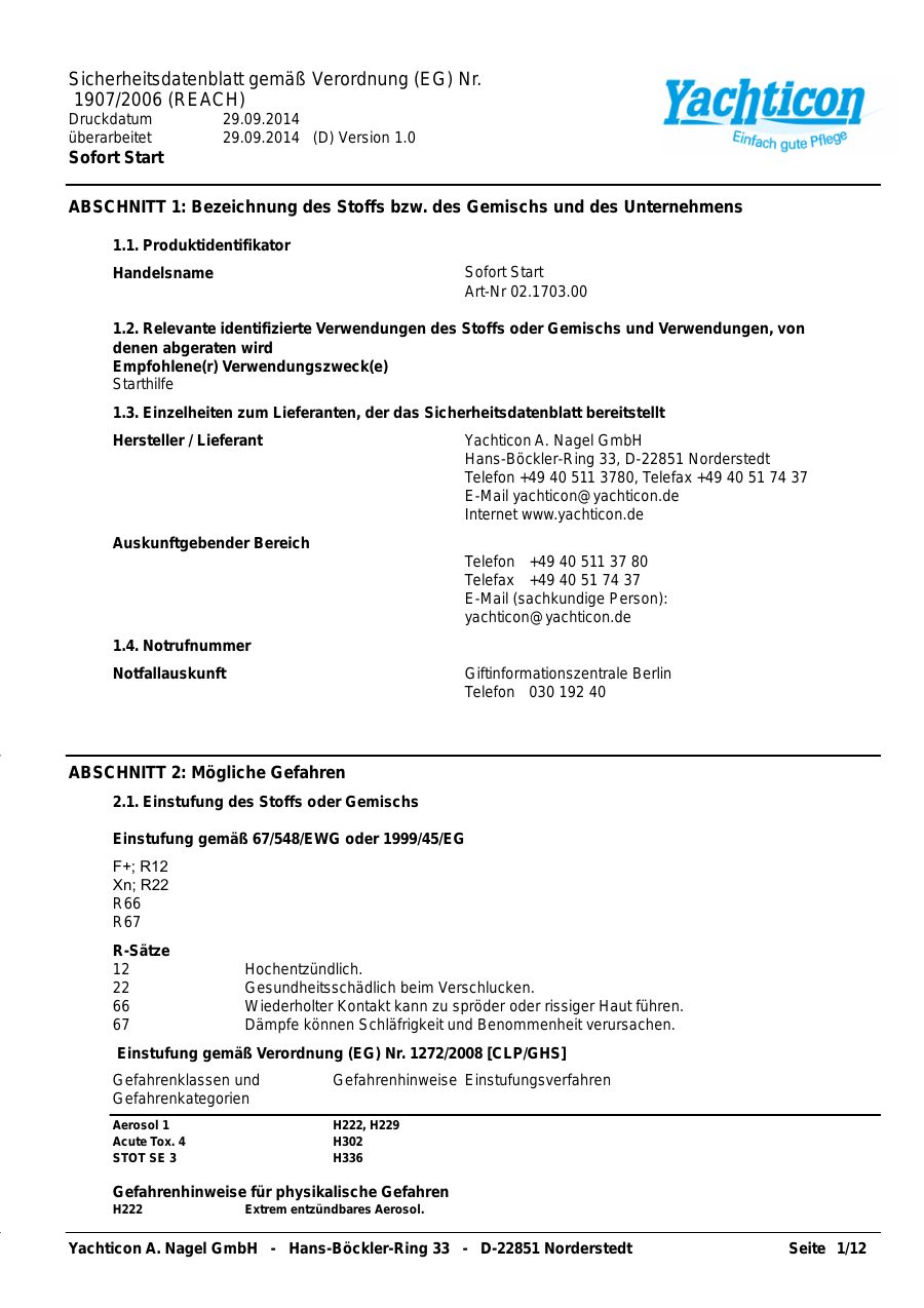 Titelseite Sicherheitsdatenblatt Sofort Start (13-YSSTART)