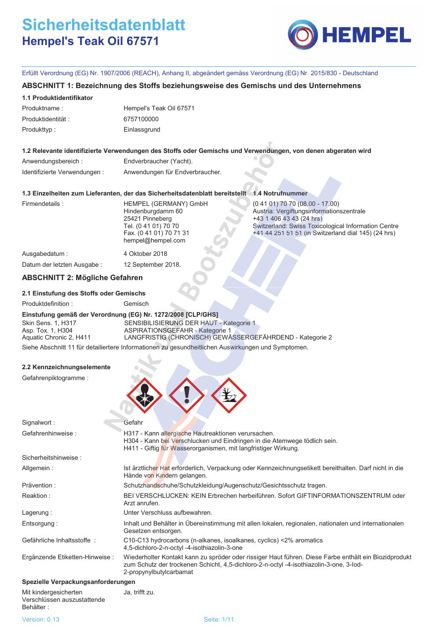 Titelseite Sicherheitsdatenblatt Hempel's Teak Oil 67571 (13-HTEAKO75)
